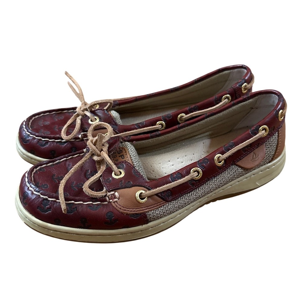 Sperry Boat Shoes Women Burgundy Anchor Embossed Leather Nautical SIZE 7.5 M